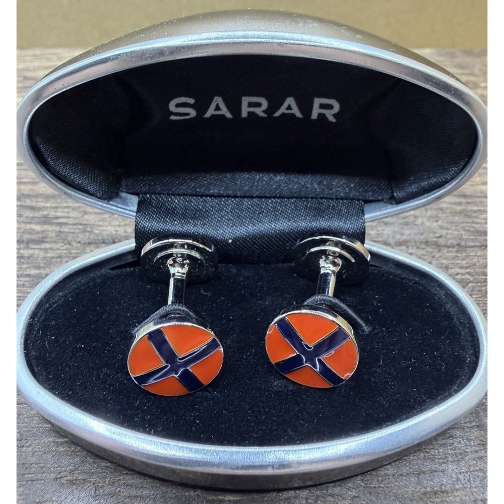 Vintage Sarar Circular Bold Orange Black Cross Silver Toned Cufflinks - W/Case